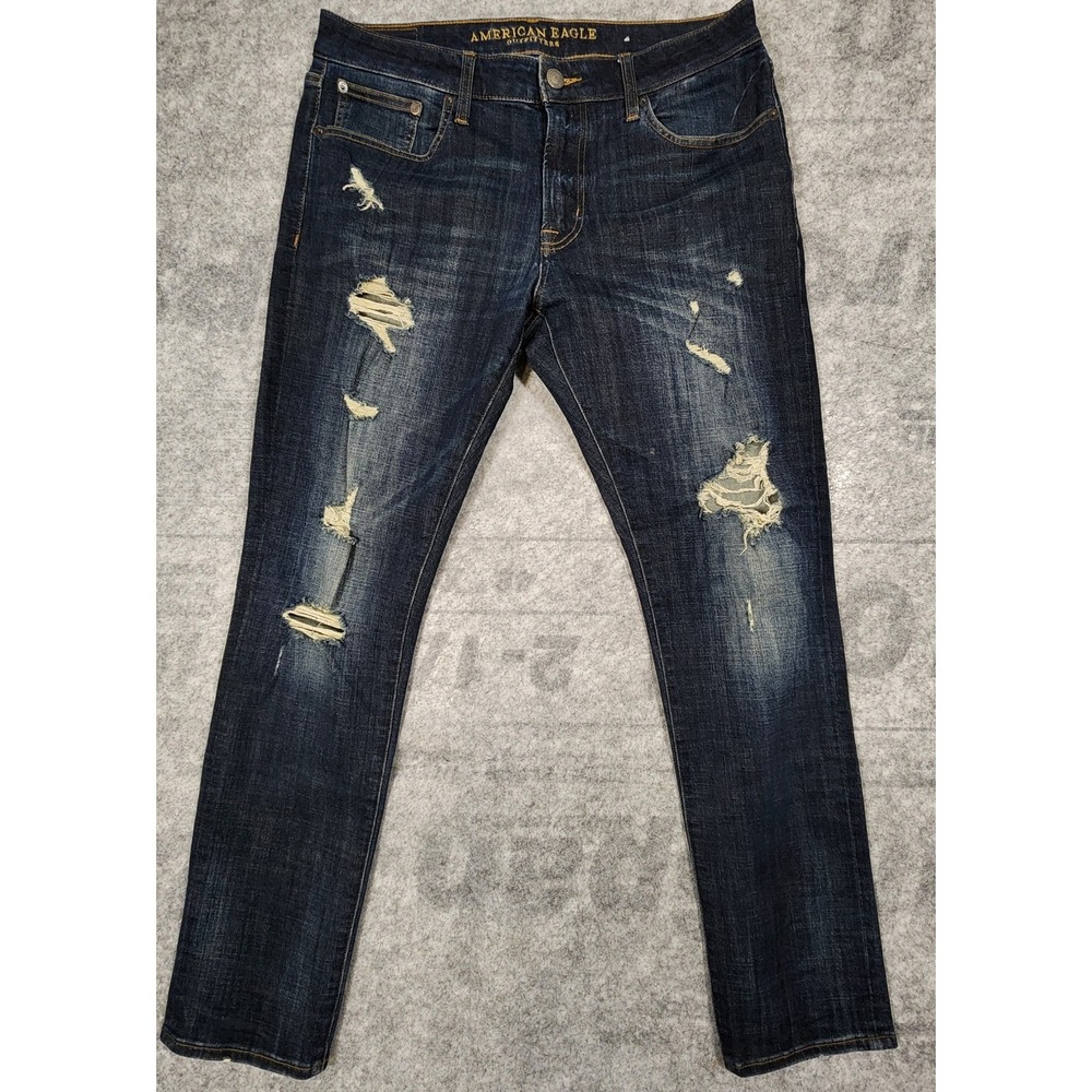 American Eagle jeans Mens  34x32‎  Dark Blue Distressed Original Straight Denim